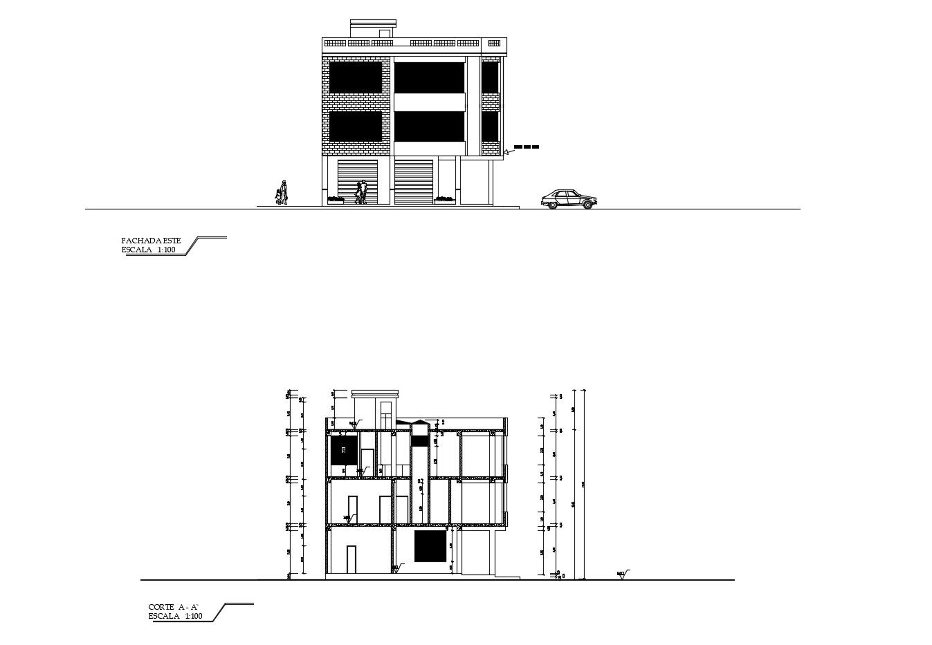 Elevation drawing of building with detail dimension in dwg file