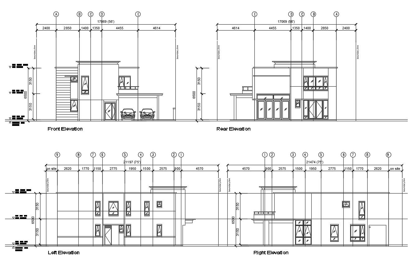 Elevation drawing of house design in dwg file
