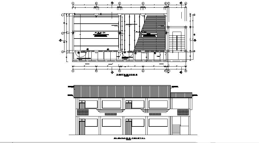 Elevation drawing of school with detail dimension in dwg file