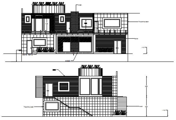 Elevation drawing of the bungalow in dwg file 