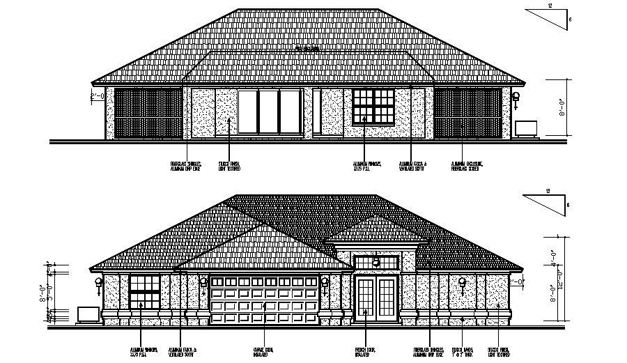 Elevation drawing of the bungalow with detail dimension 