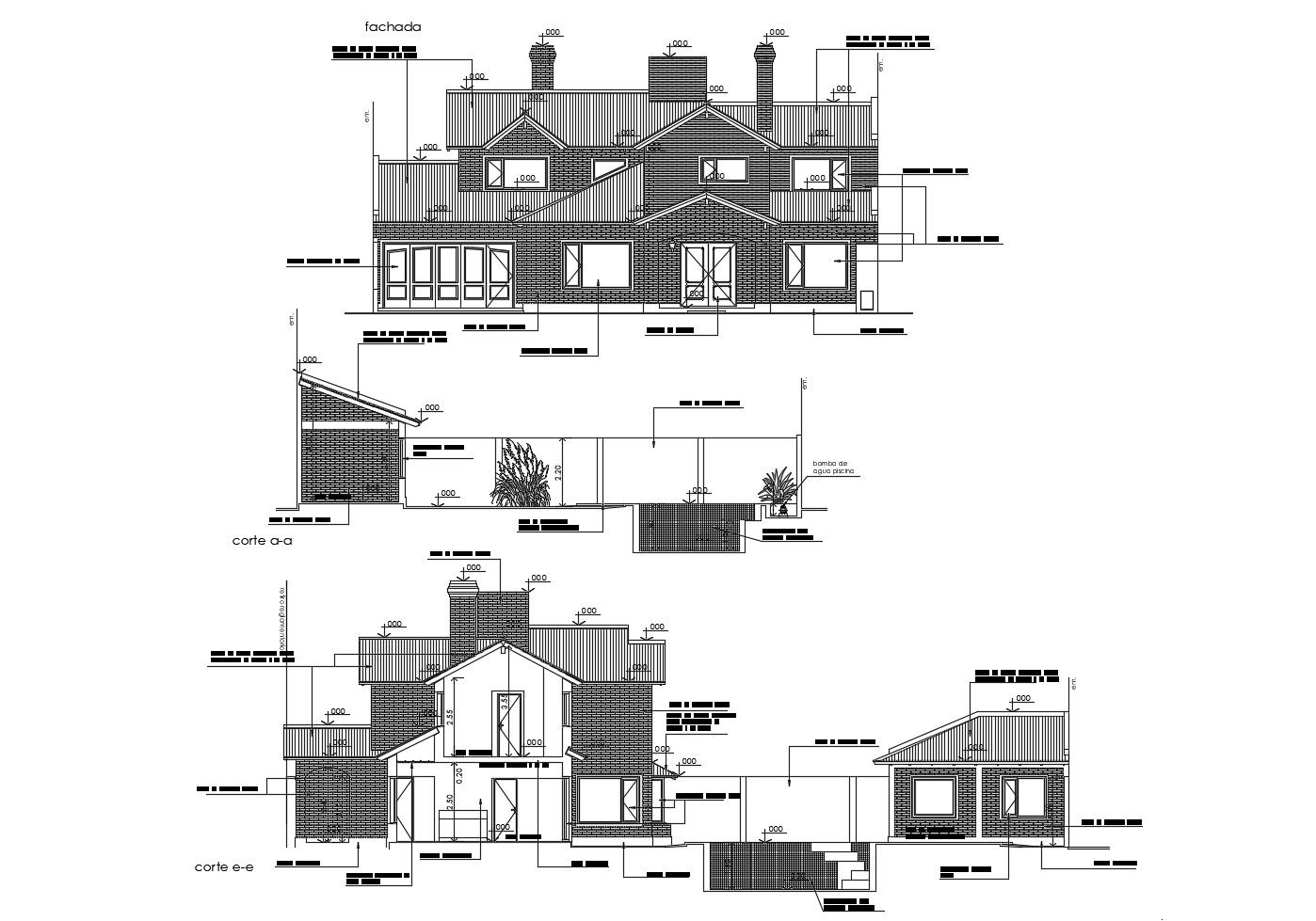 Elevation drawing of the bungalow with detail dimension in dwg file