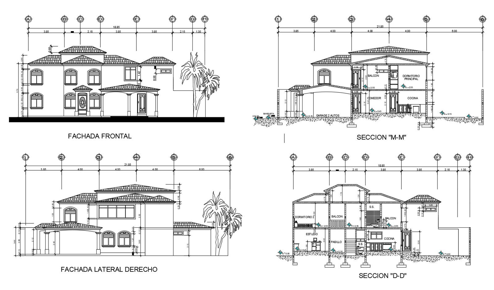 Elevation drawing of the bungalow with detail dimension in dwg file