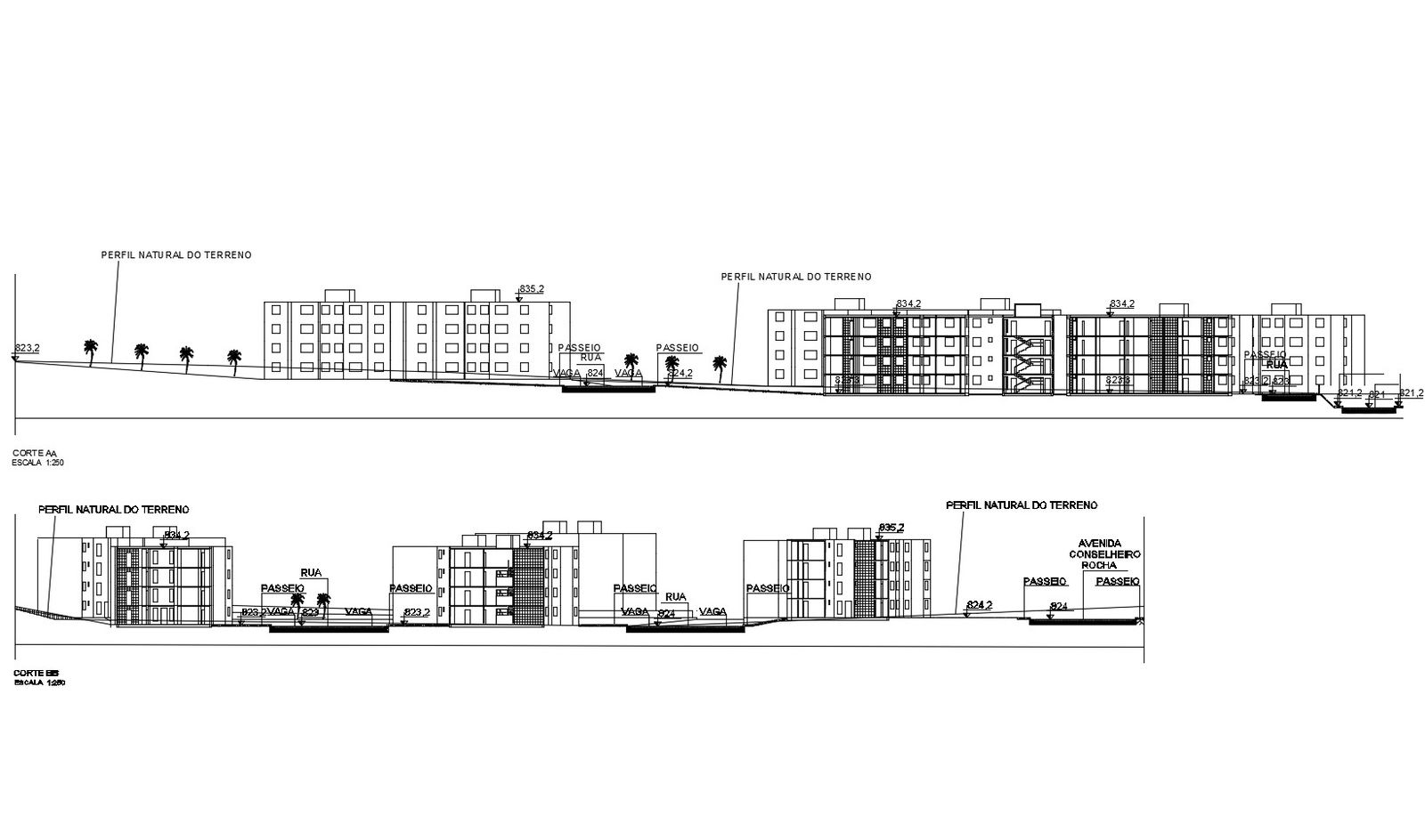 Elevation drawing of the residential building with detail dimension in dwg file 