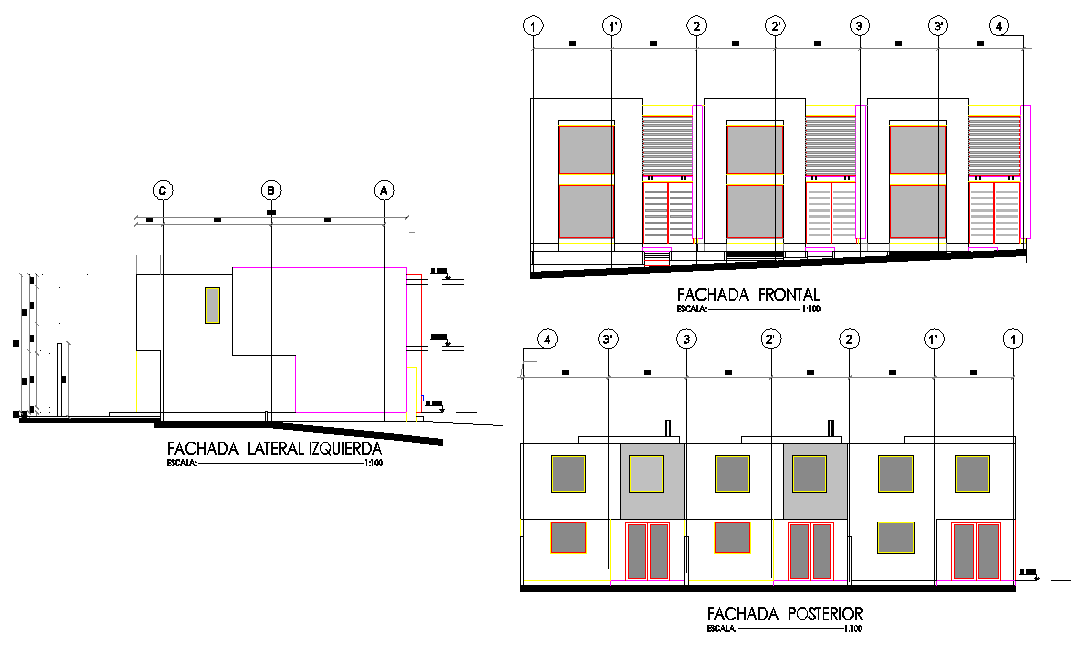 Elevation duplex house plan autocad file