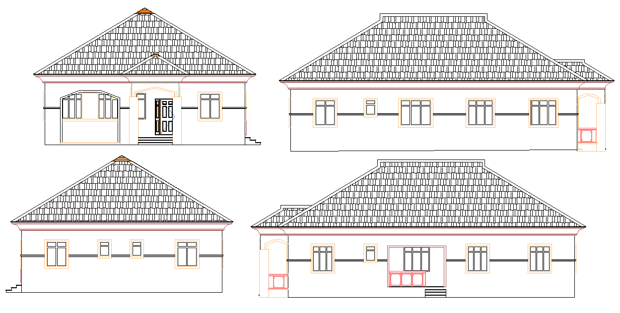 Elevation four bed room design plan dwg file