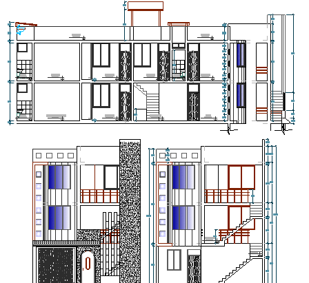 Elevation of Three Flooring Residential Housing Building dwg file