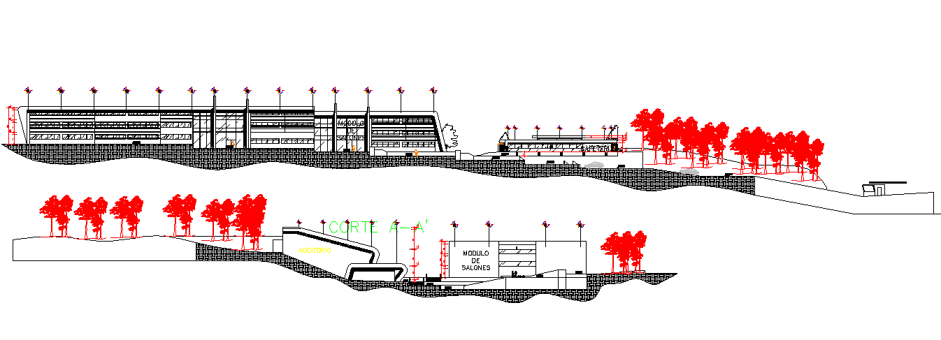 Elevation of a bank and university dwg file