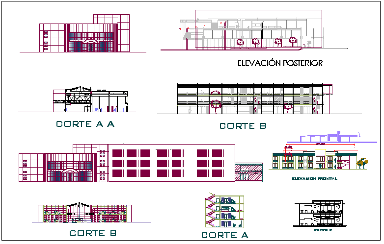 Elevation of a building and sectional details dwg file