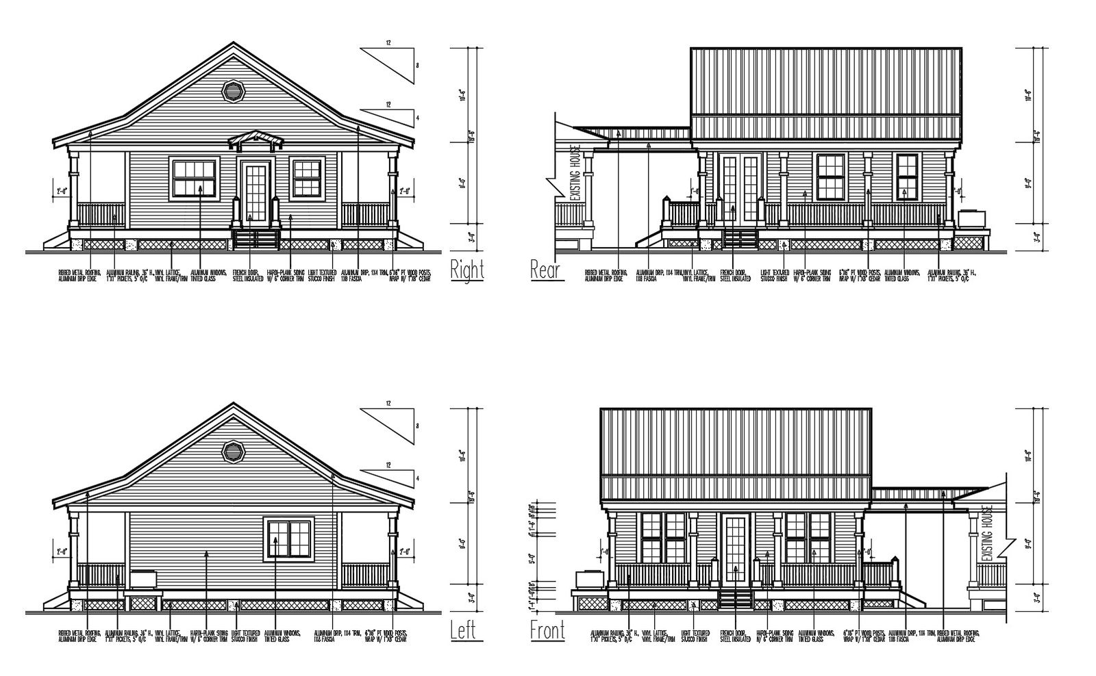 Elevation of a house with detail dimension in DWG file 
