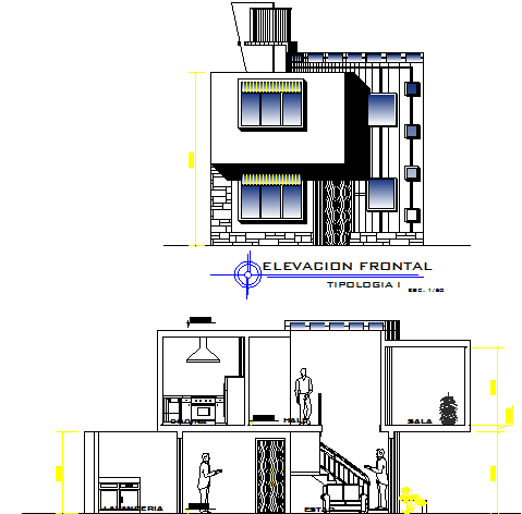 Elevation of a modern bungalow & its interior sectional details dwg file