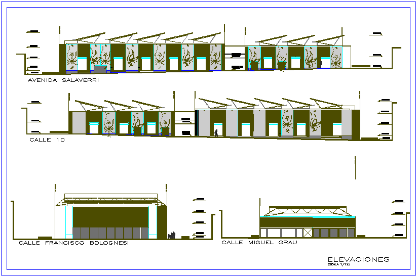 Elevation of different axis view for market building dwg file