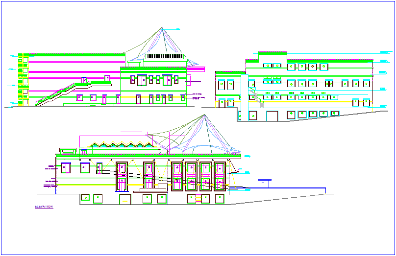 Elevation of different view for club house dwg file