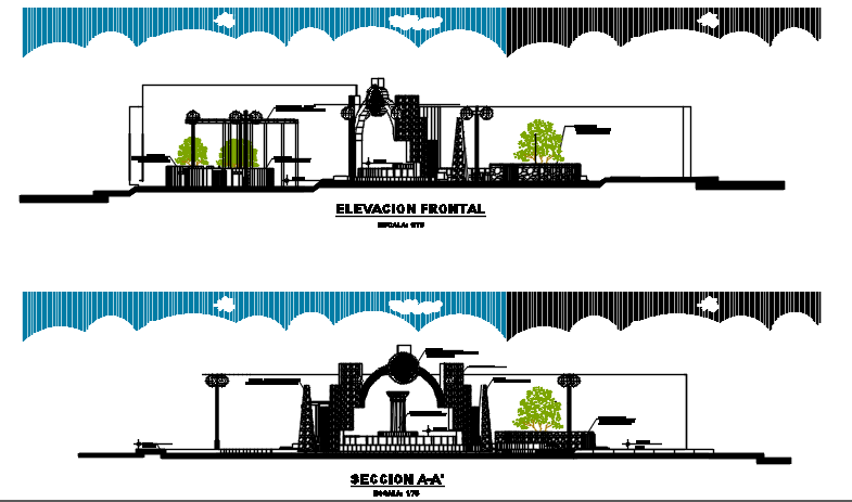 Elevation plan and section plan detail dwg file