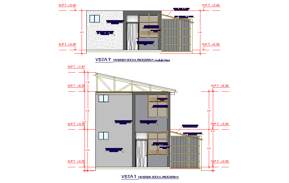 Elevation social housing plan autocad file