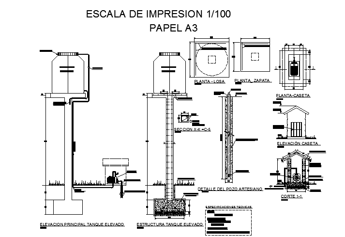 Elevation tank sectional details dwg file