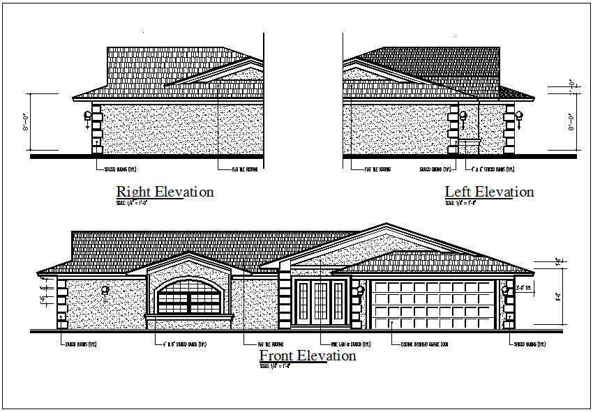 Elevation view in detail of bungalow dwg file