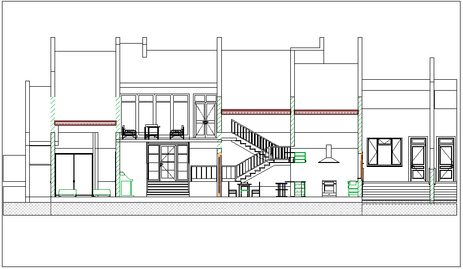 Elevation view of building with stair view dwg file