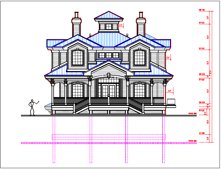Elevation view of bungalow detail and dimensions of elevation dwg file