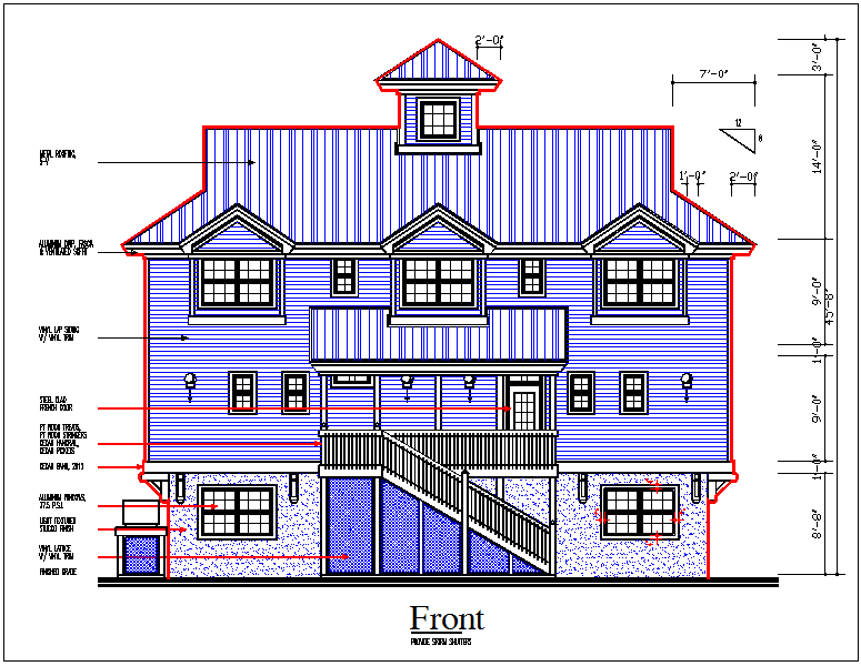 Elevation view of bungalow view detail dwg file
