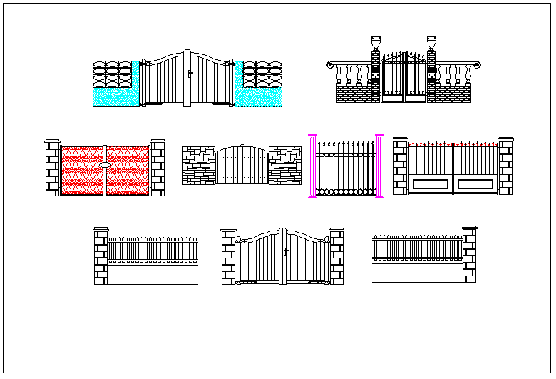 Elevation view of entrance gate, door dwg file