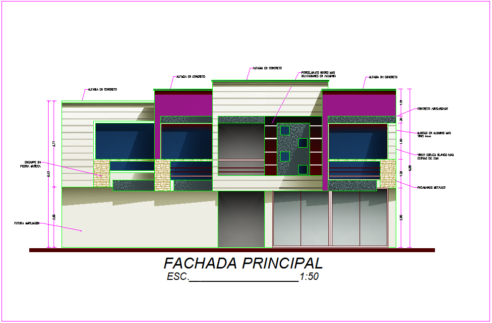 Elevation view of housing area with architectural view dwg file