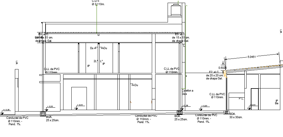 Elevation view of installation of gas water sewer building dwg file