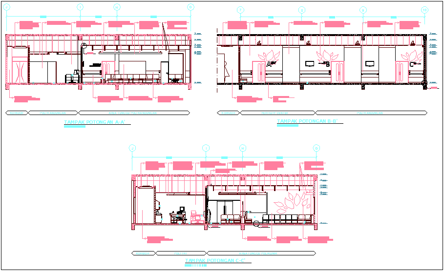 Elevation view with different axis of hospital dwg file