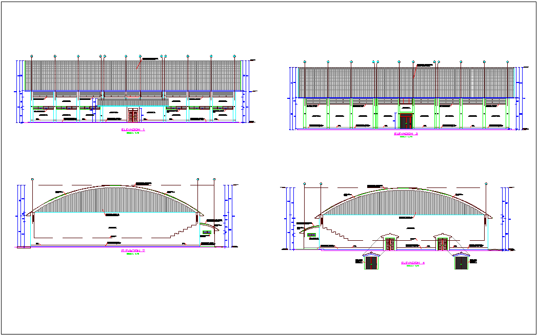 Elevation with different axis view for Coliseum building dwg file