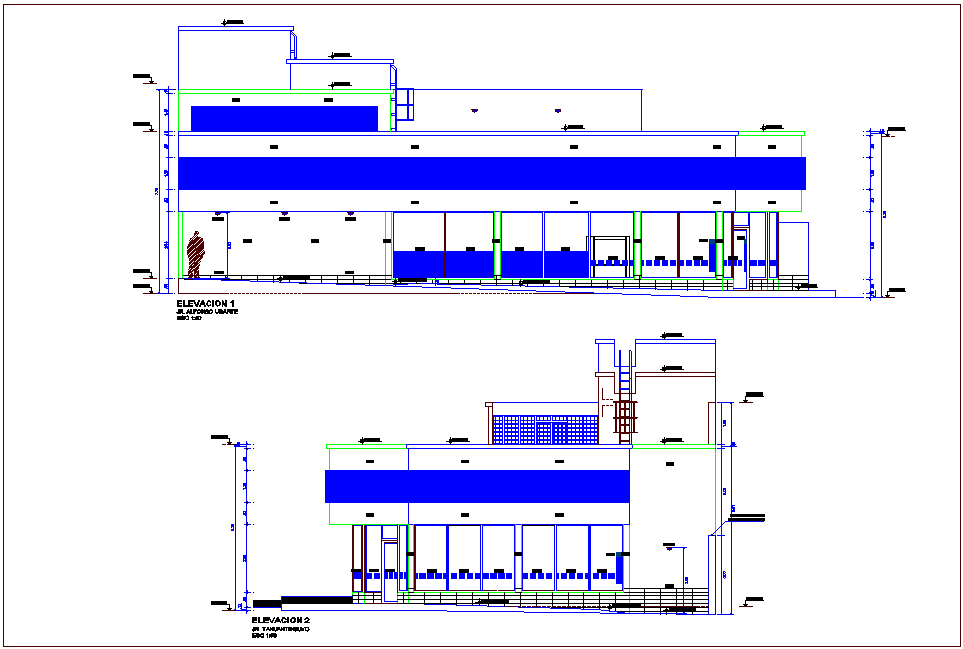 Elevation with different axis view for banking building dwg file