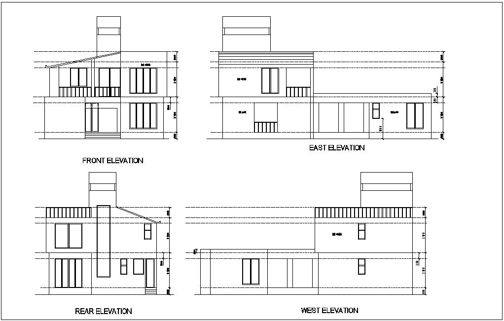 Elevation with different axis view for bungalows building dwg file