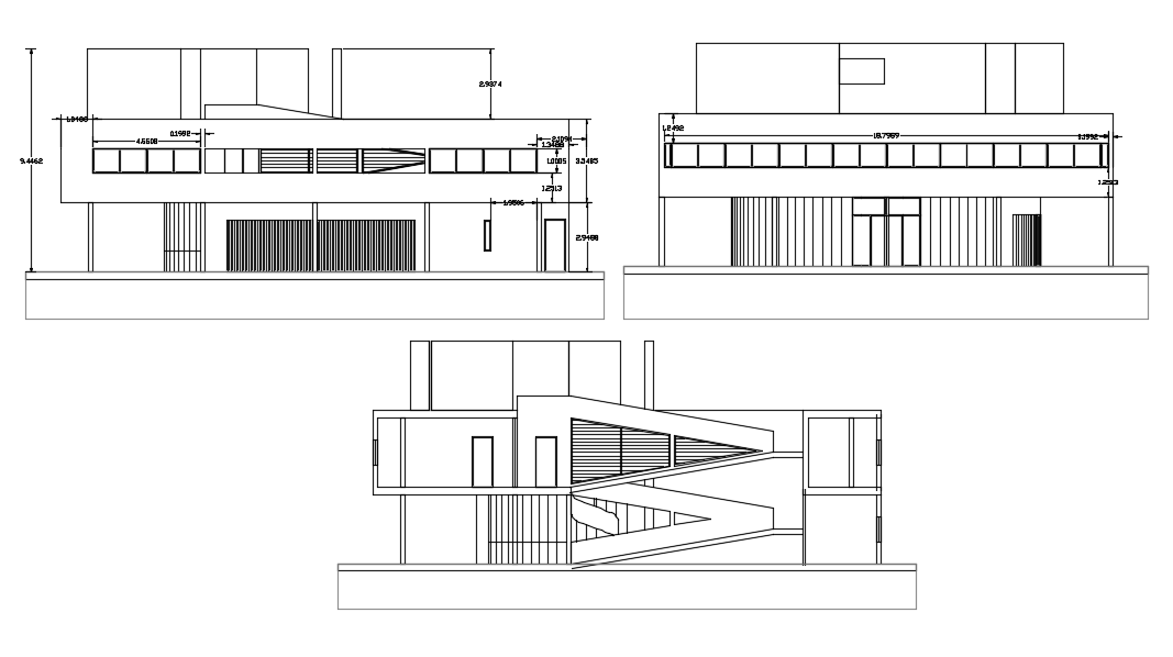 Elevation with different axis view for bungalows building dwg file