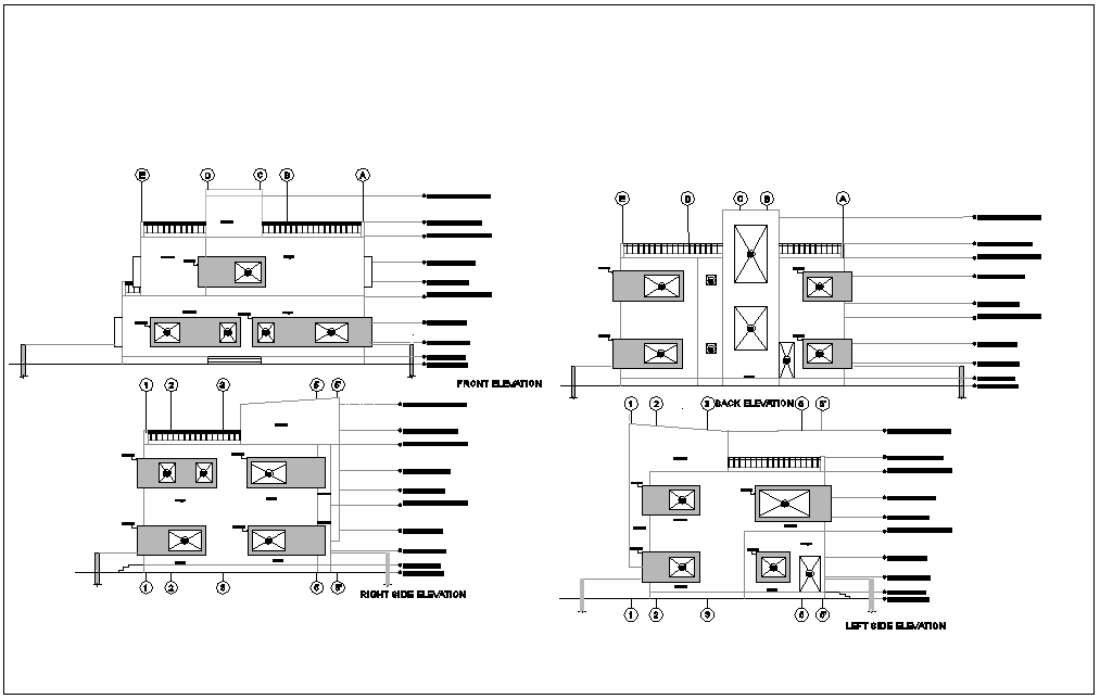 Elevation with different axis view for bungalows building dwg file