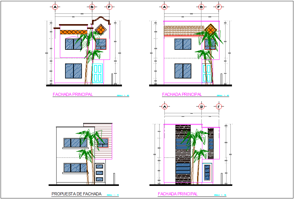 Elevation with different axis view for bungalows building dwg file