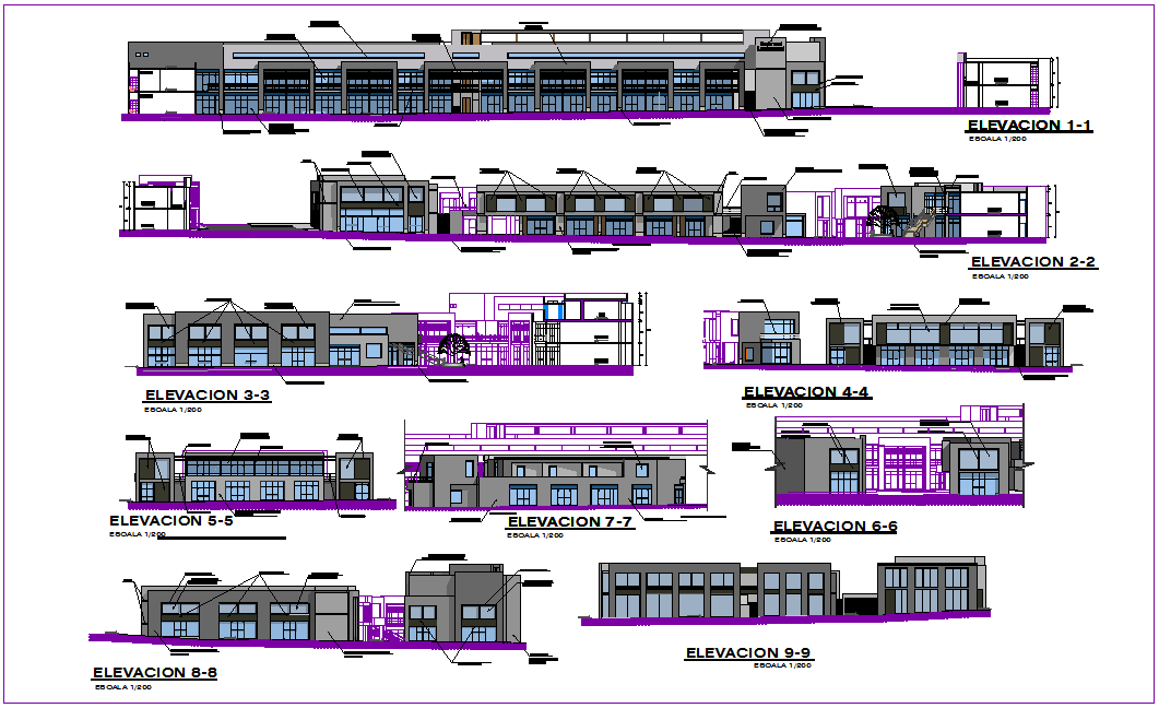 Elevation with different axis view for commercial building dwg file