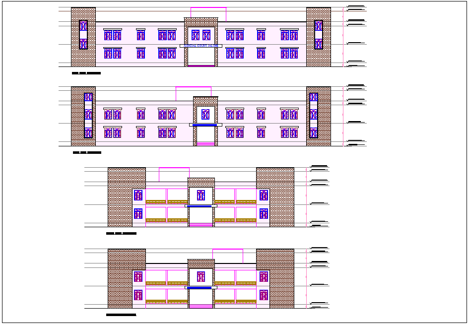 Elevation with different axis view for court building dwg file