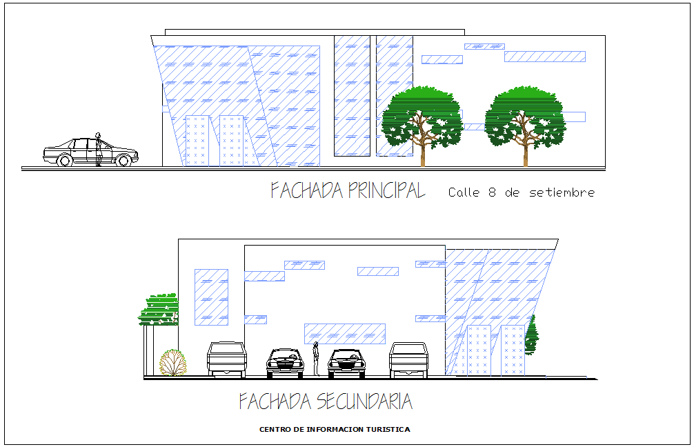 Elevation with different axis view for culture center building dwg file