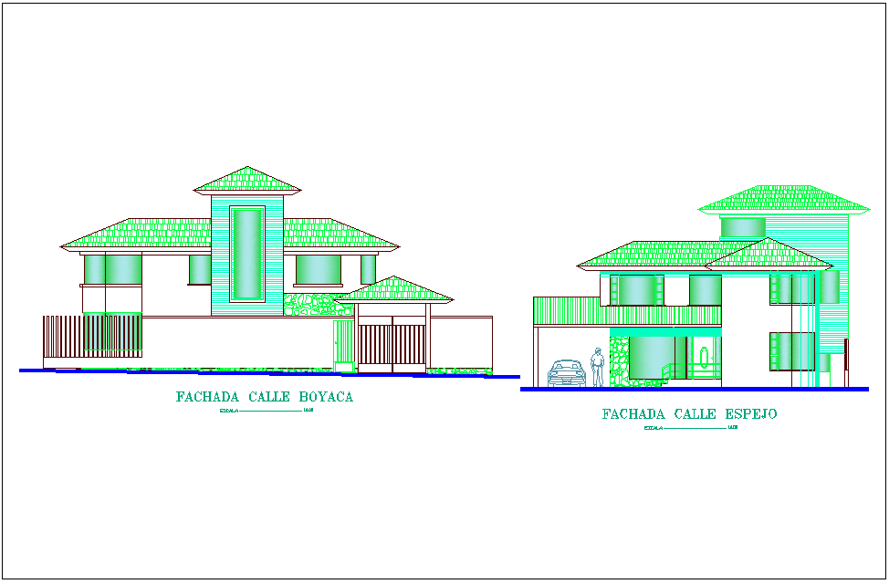 Elevation with different axis view for duplex house building dwg file