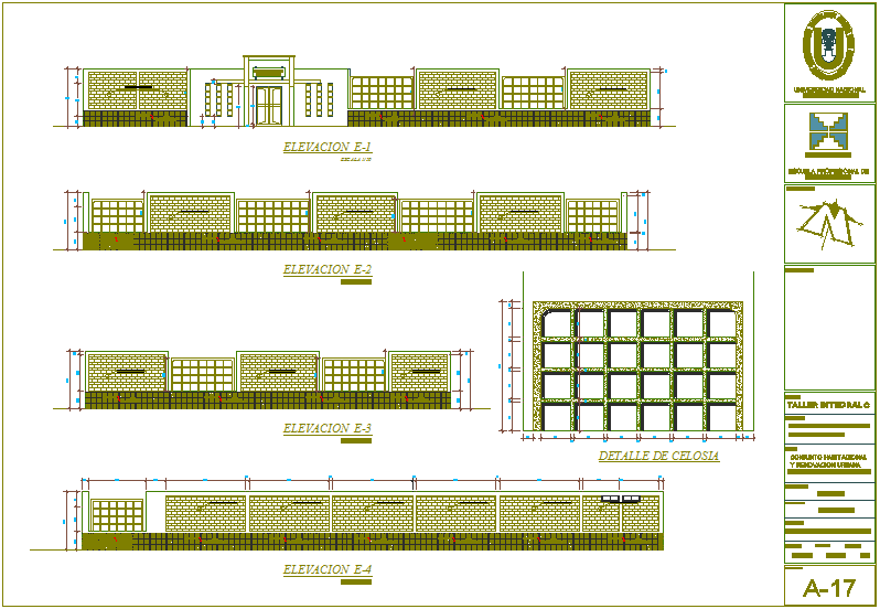 Elevation with different axis view for education building for child dwg file