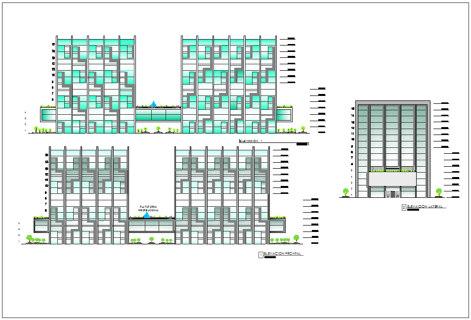 Elevation with different axis view for finance building dwg file