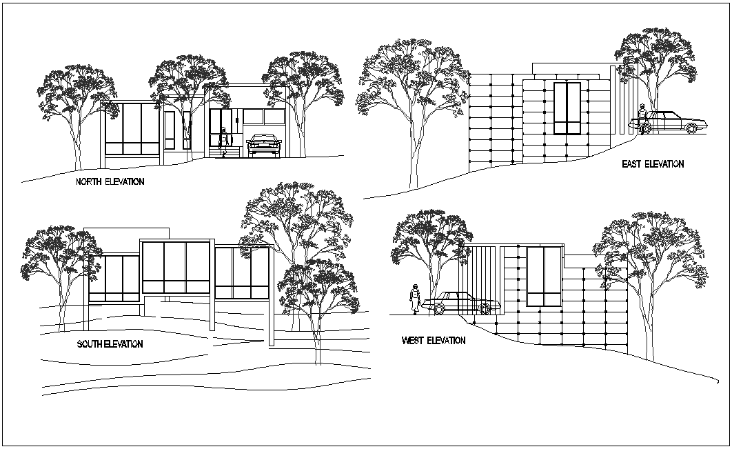 Elevation with different axis view for house building dwg file