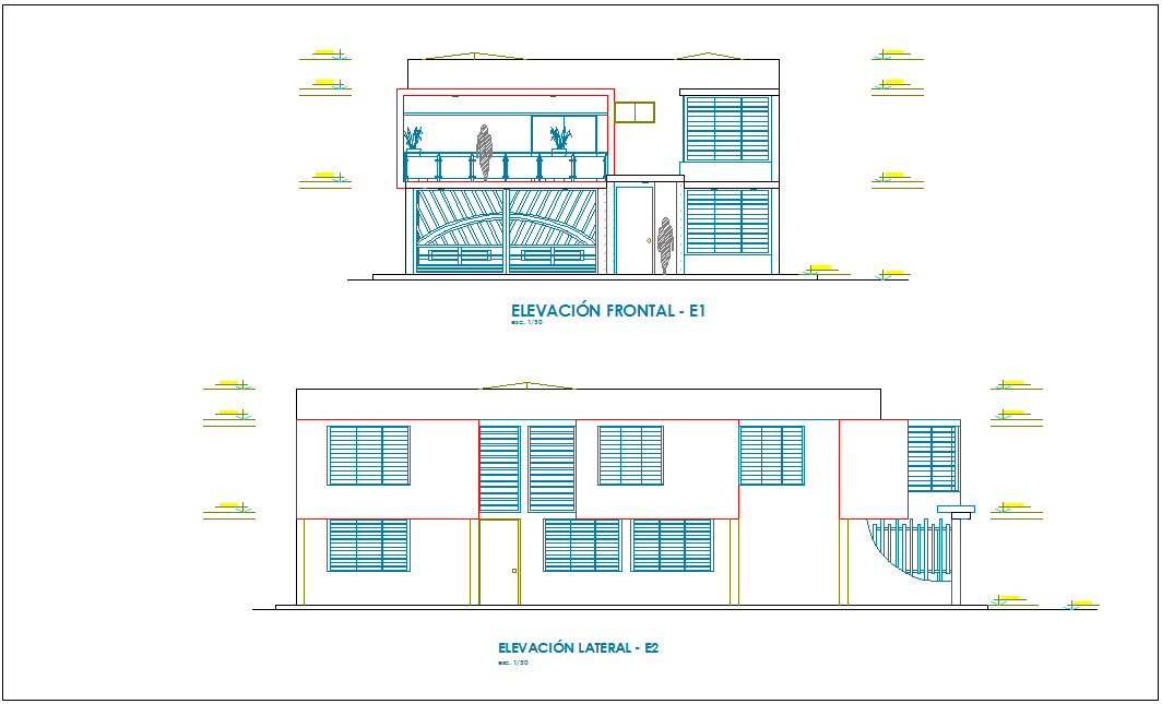 Elevation with different axis view for house building dwg file