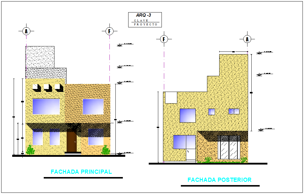 Elevation with different axis view for house building dwg file