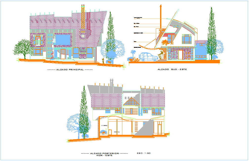 Elevation with different axis view for house building dwg file