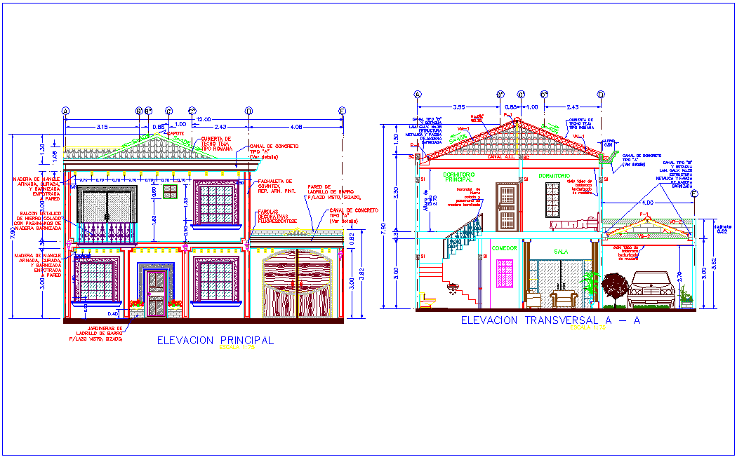 Elevation with different axis view for house building for two level dwg file