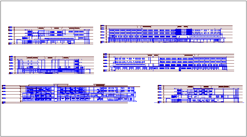 Elevation with different axis view for lung hospital building dwg file