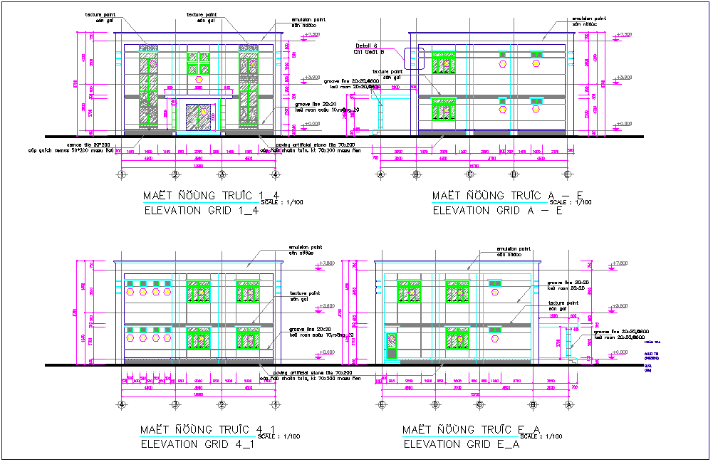 Elevation with different axis view for office building dwg file
