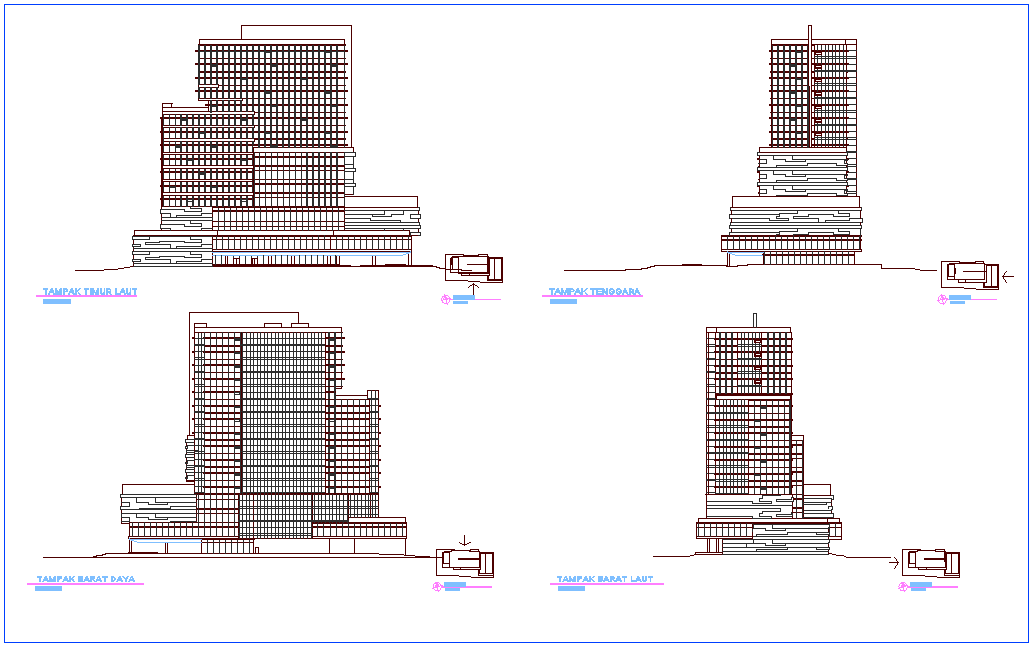 Elevation with different axis view for office building dwg file
