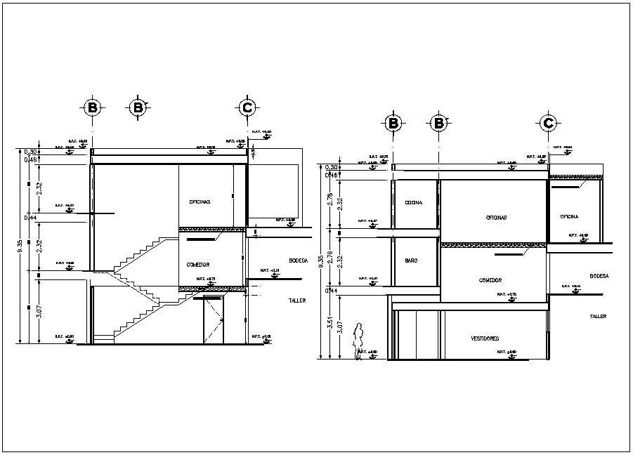 Elevation with different axis view for office building dwg file