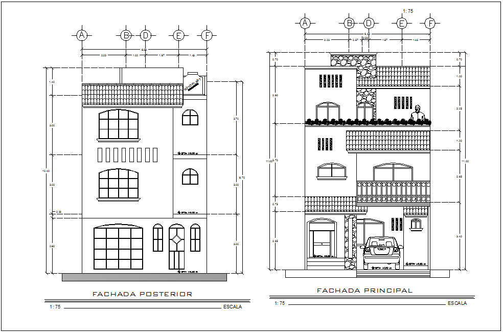 Elevation with different axis view for residence building dwg file